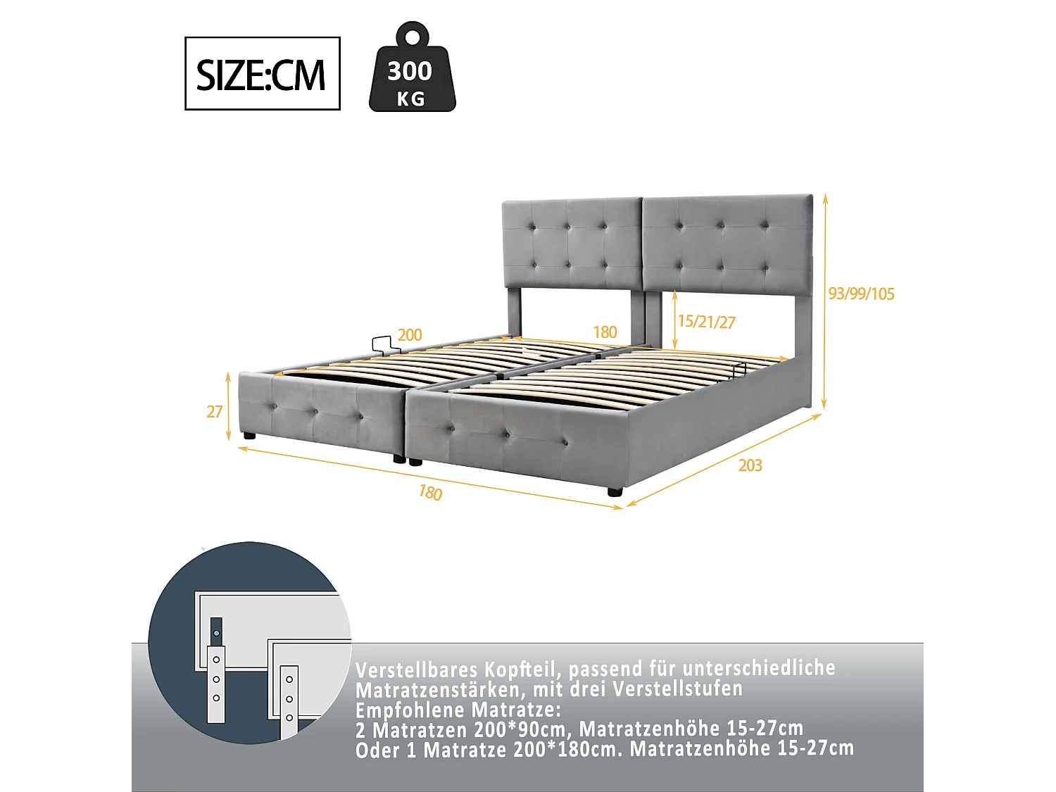 Letto contenitore 180 x 200 cm con testiera - velluto - rete a doghe - grigio