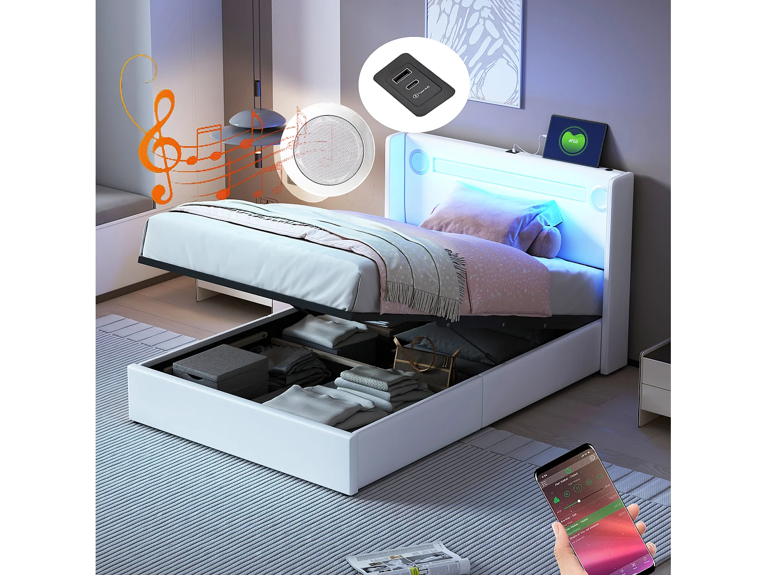 Cama contenedor 90 x 200 cm con cabecero - LED, reproductor Bluetooth y toma USB - Cuero PU - Blanco