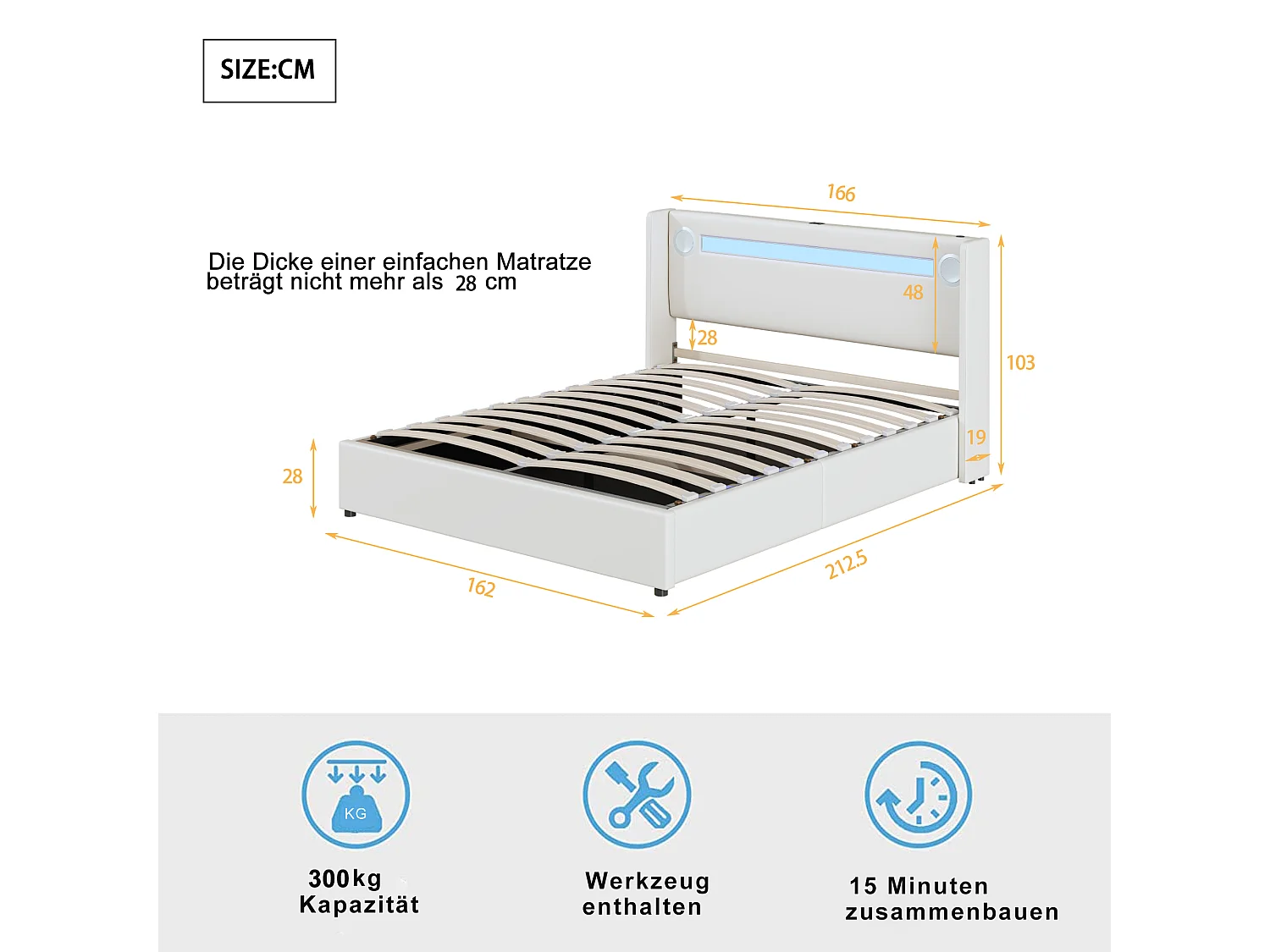 Łóżko ze schowkiem 160 x 200 cm z zagłówkiem - diody LED, odtwarzacz Bluetooth i port USB - skóra ekologiczna - białe