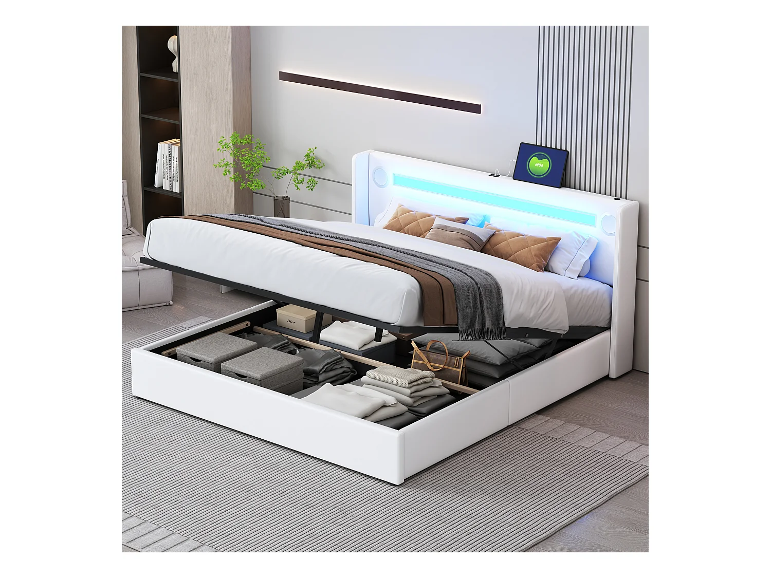 Lit coffre 160 x 200 cm avec tête de lit - LEDs, lecteur Bluetooth et Prise USB - cuir PU - Blanc