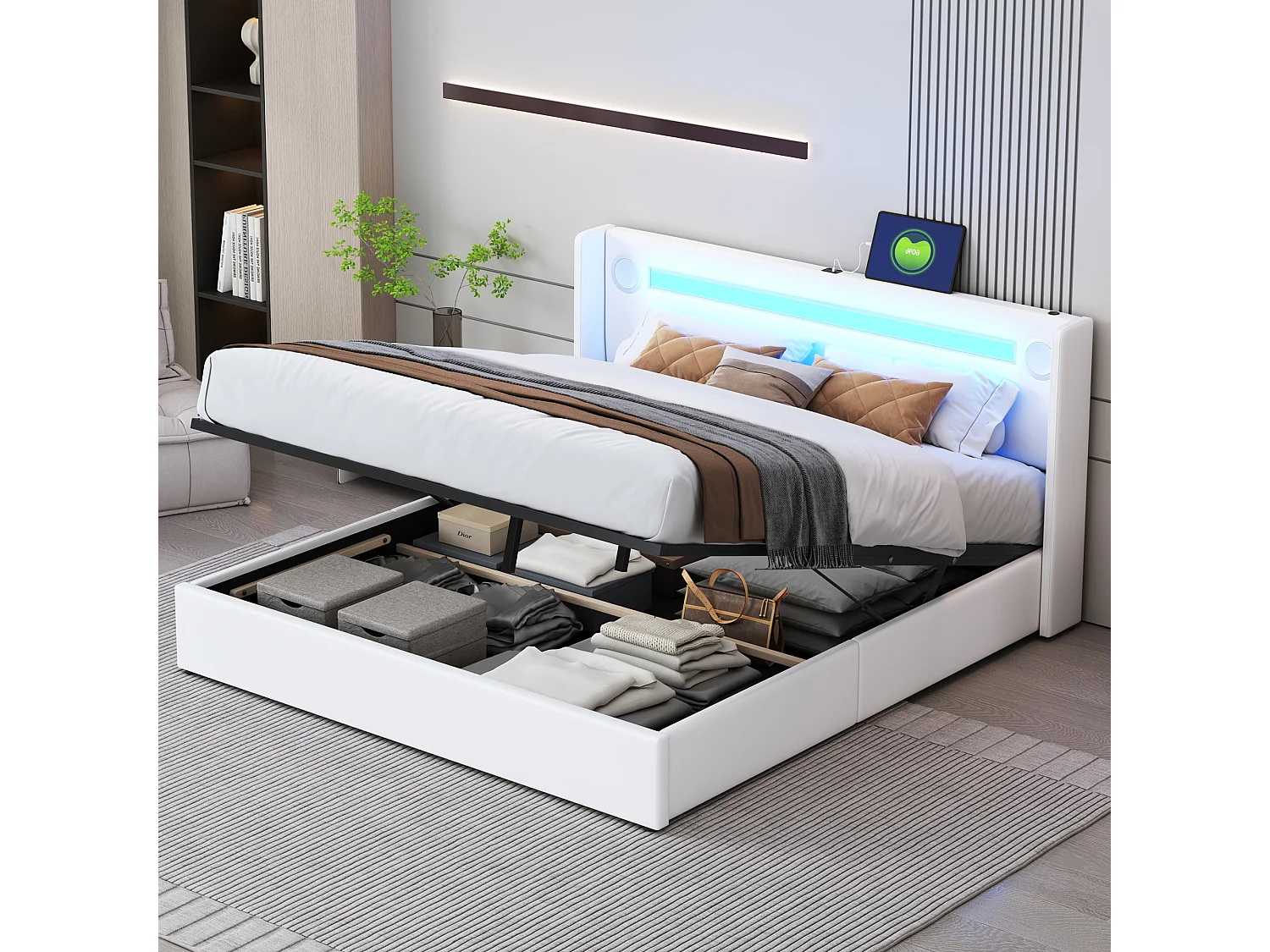 Lit coffre 160 x 200 cm avec tête de lit - LEDs, lecteur Bluetooth et Prise USB - cuir PU - Blanc
