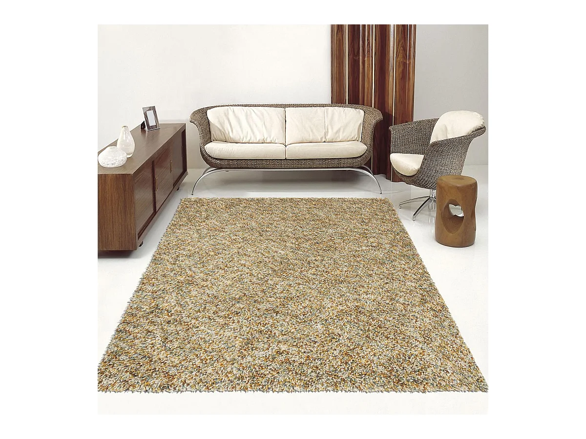 Tapis longs poils shaggy 200x280 rectangle tissé jaune et beige en laine