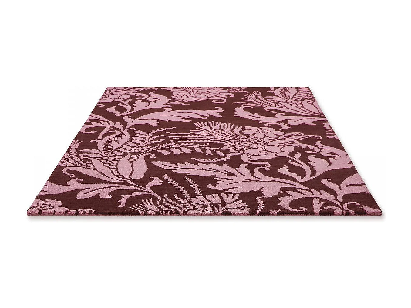 tapis entrée 140x200 fait à la main en laine bordeaux et rose motif floral