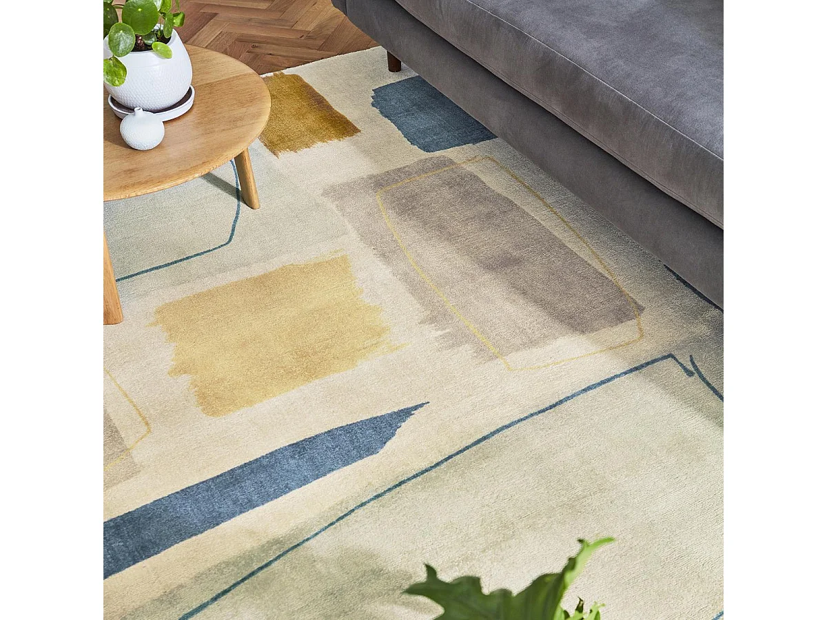 tappeto da ingresso 120x180 realizzato a mano in lana beige e gialla fantasia astratta