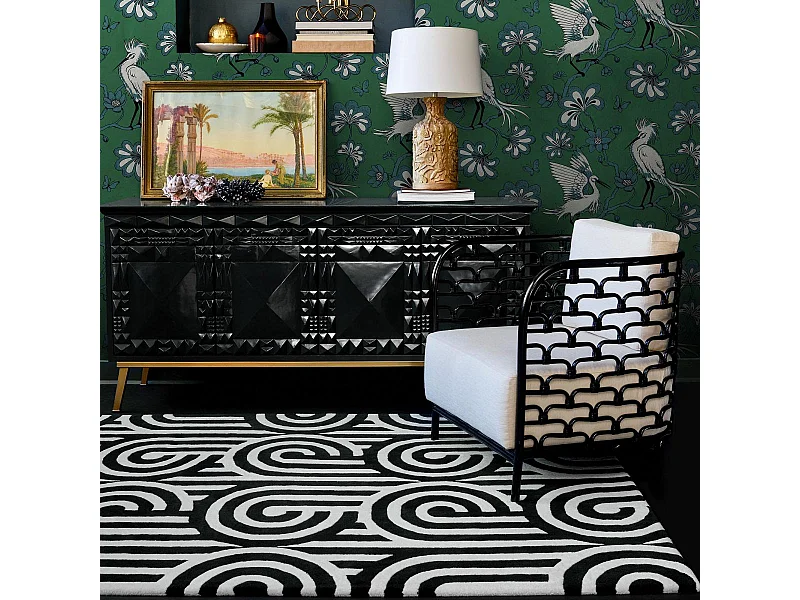 tapis entrée 170x240 fait à la main en laine noir et blanc motif seventies