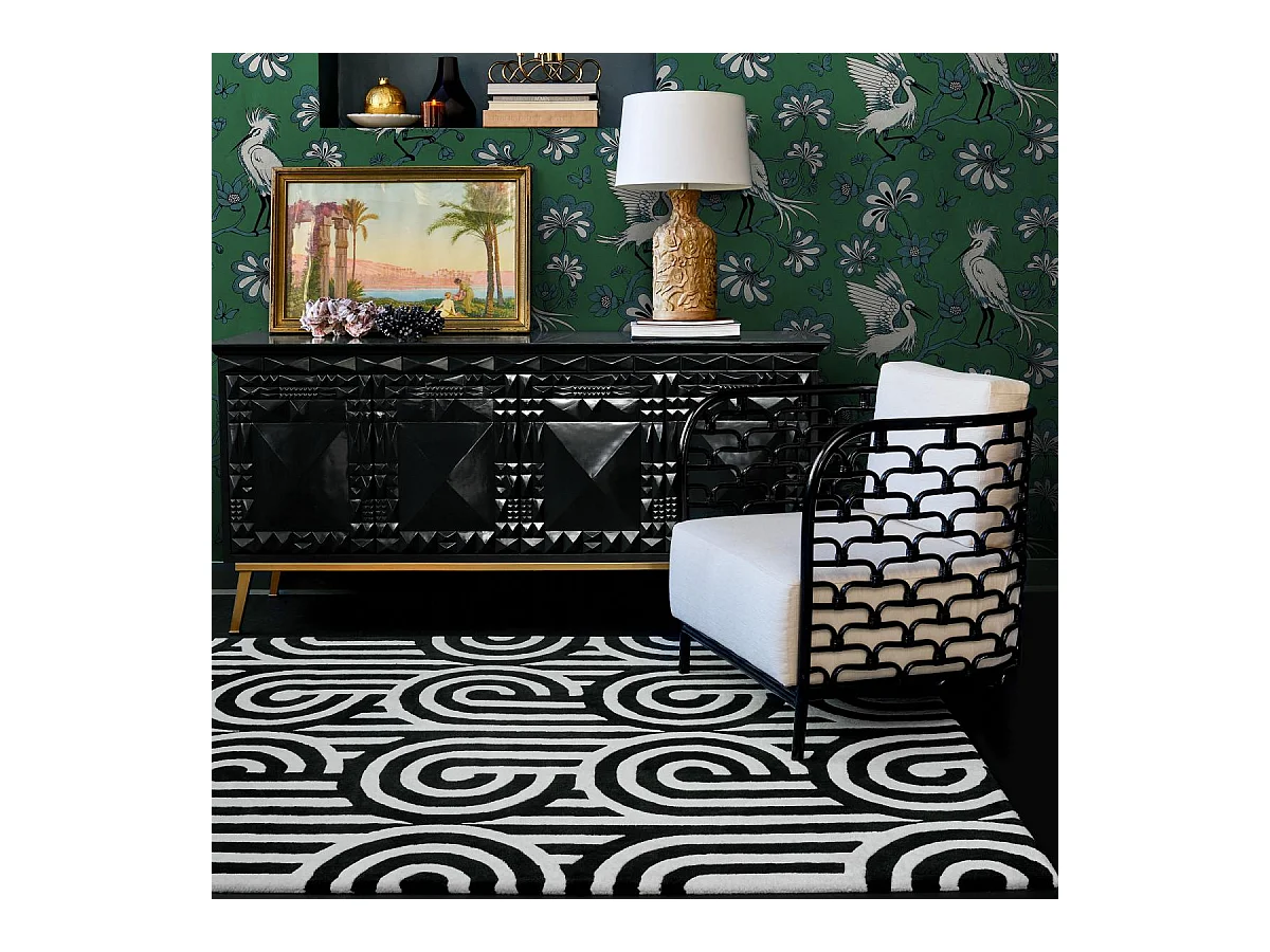 tapis entrée 170x240 fait à la main en laine noir et blanc motif seventies