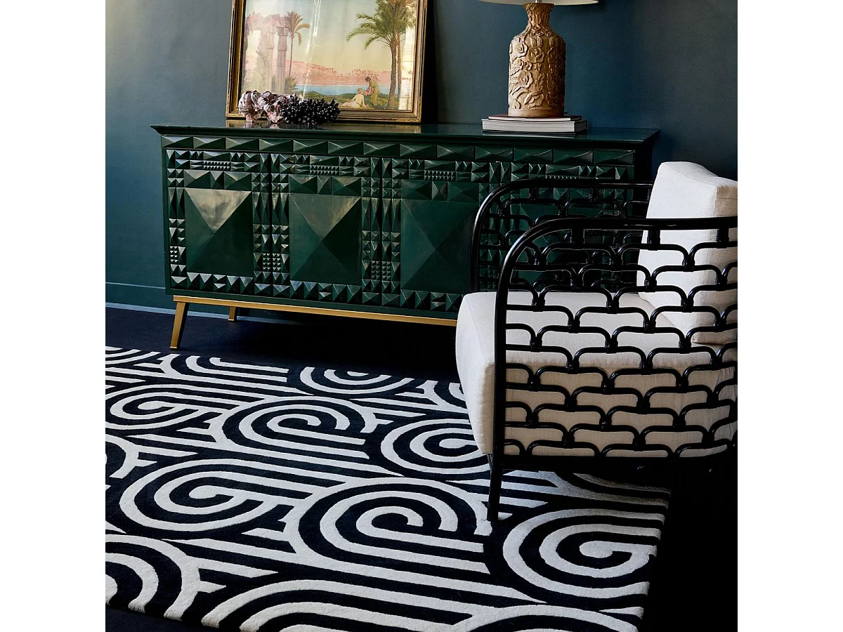 tapis entrée 170x240 fait à la main en laine noir et blanc motif seventies