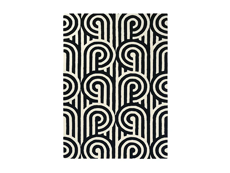 tapis entrée 170x240 fait à la main en laine noir et blanc motif seventies