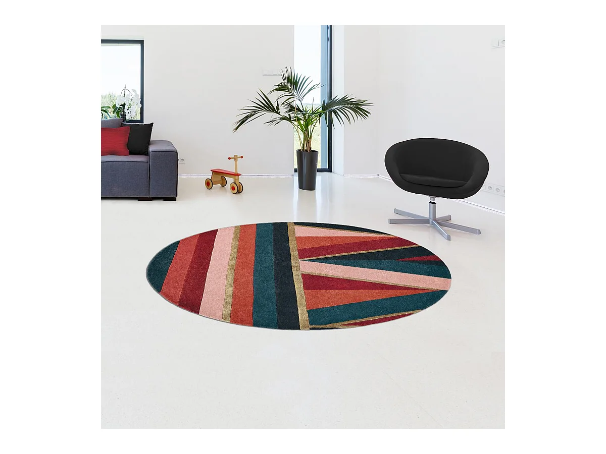 Tapis rond Ø150cm fait à la main en laine motif géométrique pour chambre