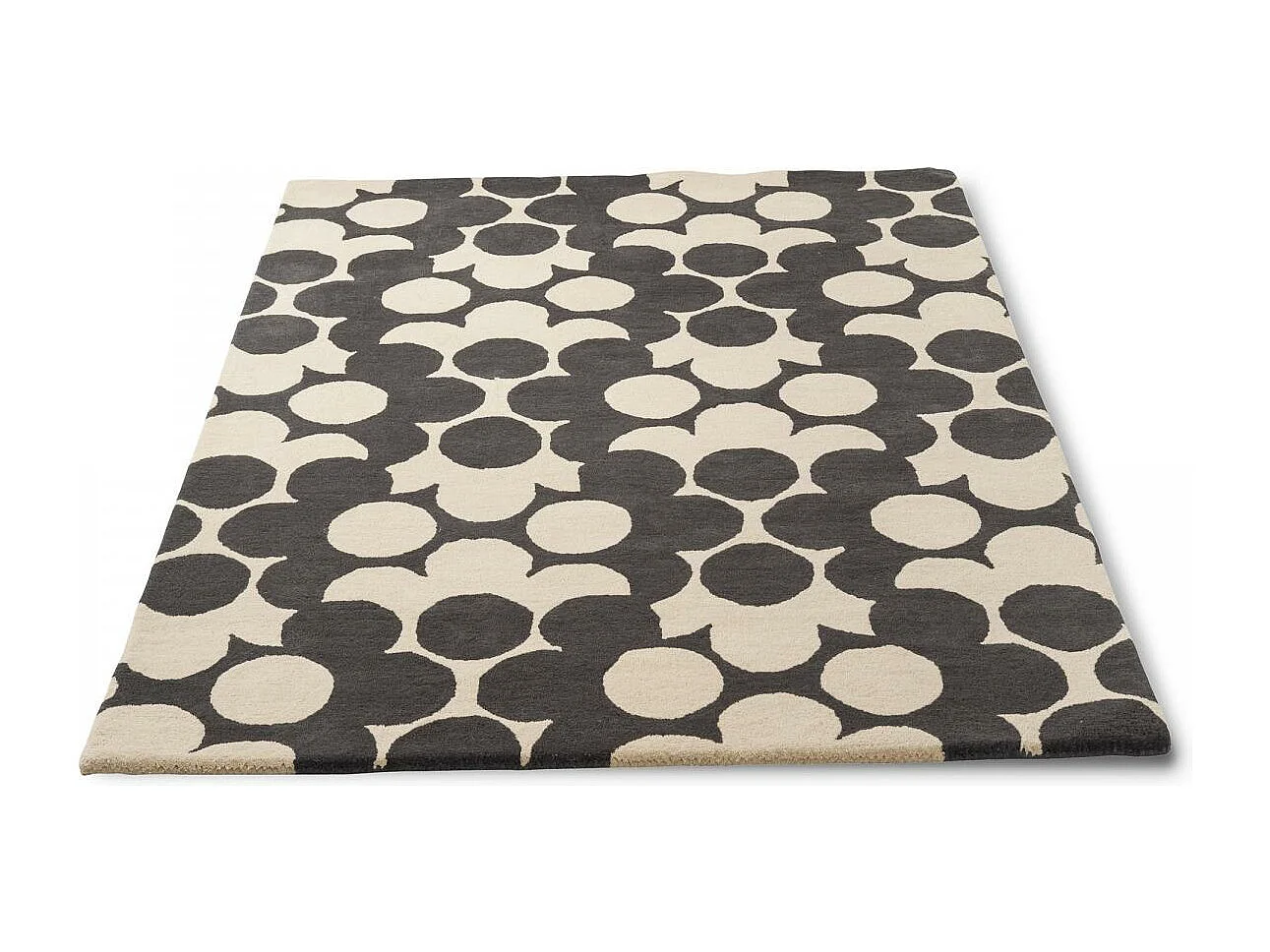 tapis open space 250x350 fait à la main en laine crème et noir motif seventies