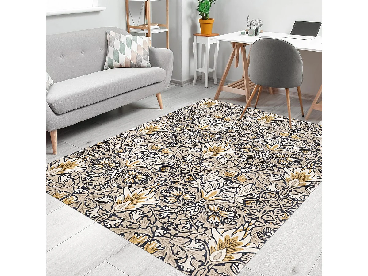 tapis salon 200x280 fait à la main en laine indigo et beige motif floral