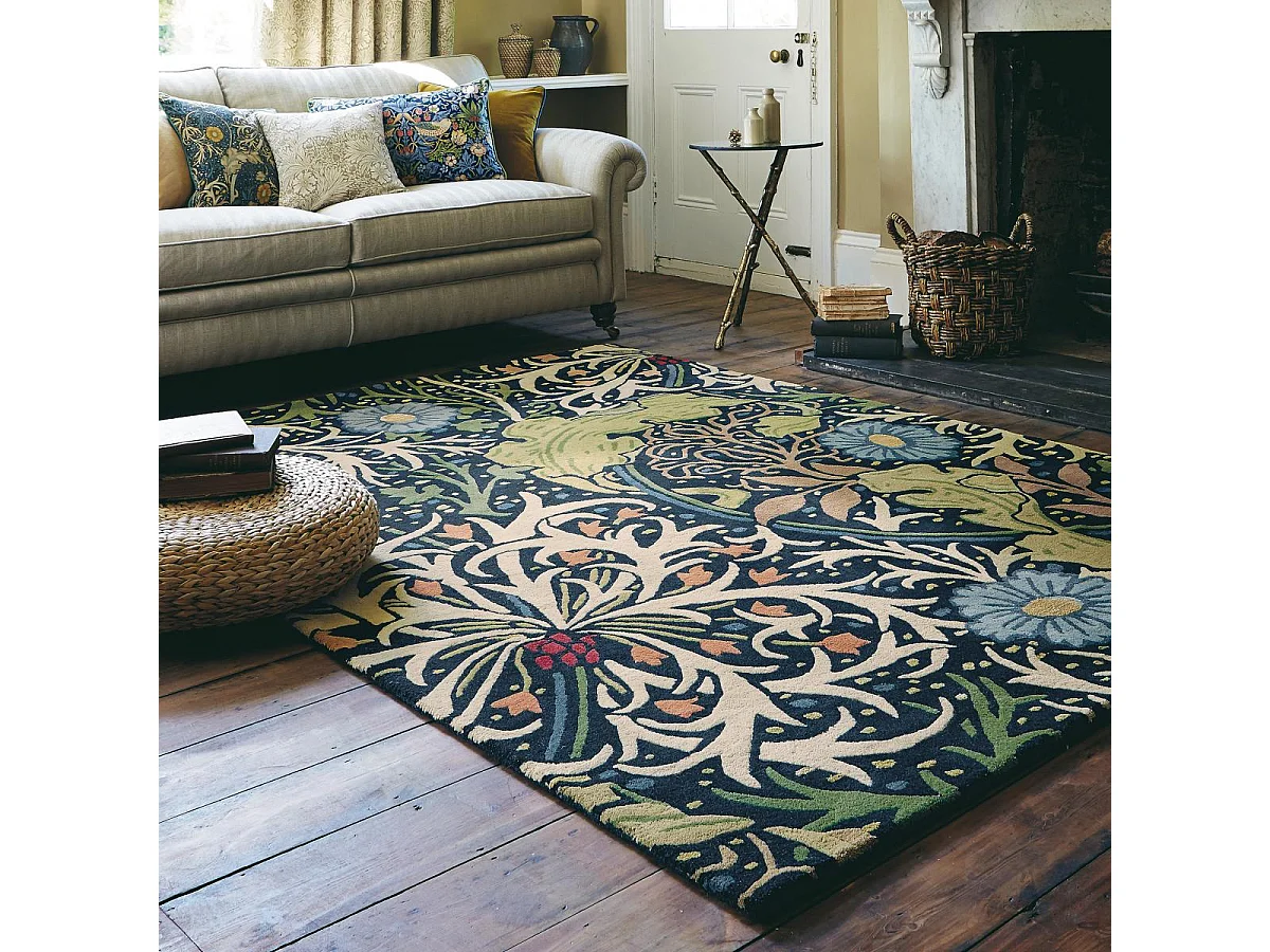 tapis salon 200x280 fait à la main en laine bleu marine et vert motif floral