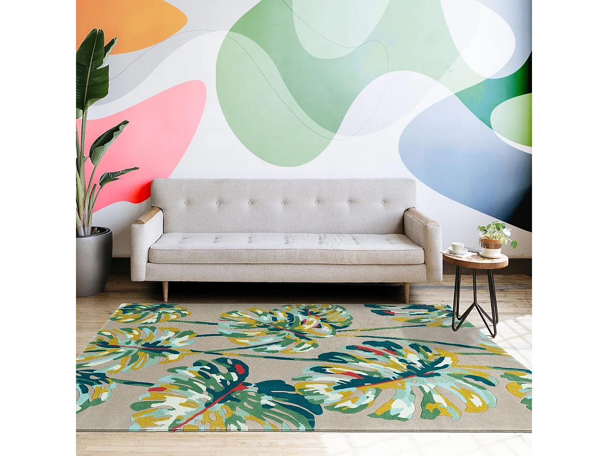 tapis entrée 140x200 fait à la main en laine gris et vert motif floral