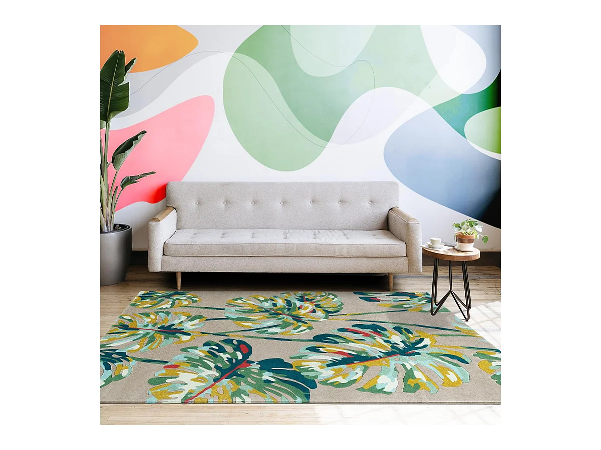 tapis entrée 140x200 fait à la main en laine gris et vert motif floral