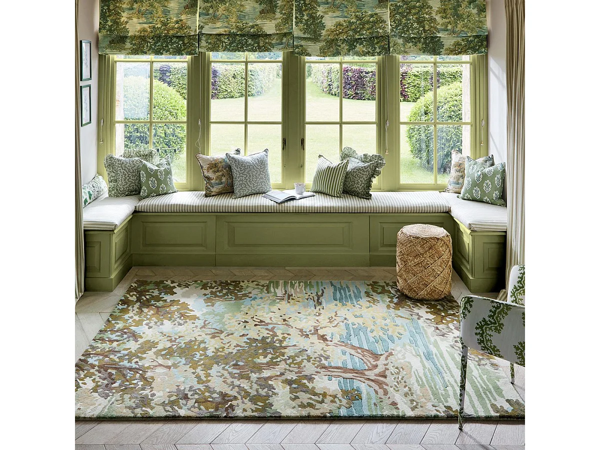 tapis entrée 140x200 fait main en laine vert et beige rectangle motif floral