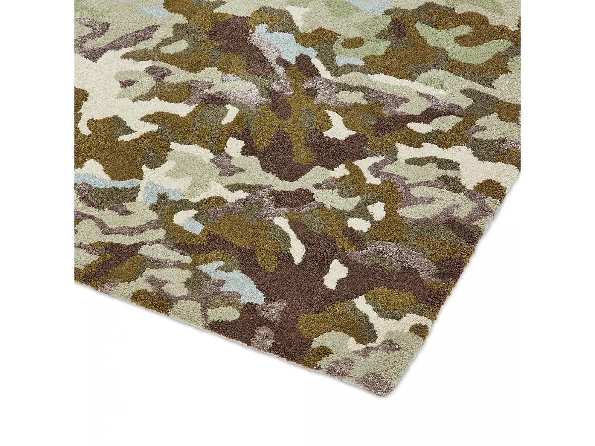 tapis entrée 140x200 fait main en laine vert et beige rectangle motif floral