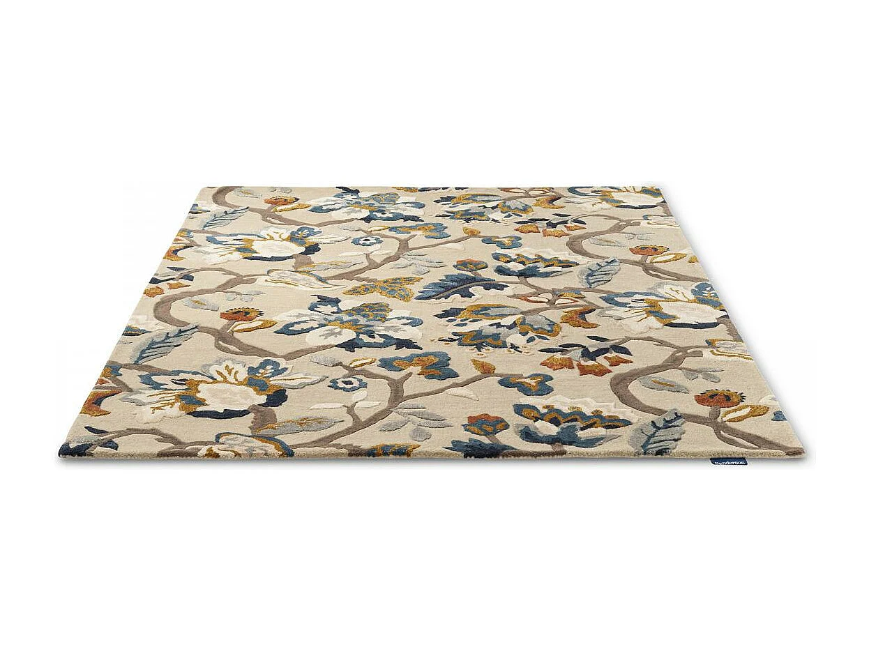 tapis chambre 170x240 fait à la main en laine beige et bleu motif floral