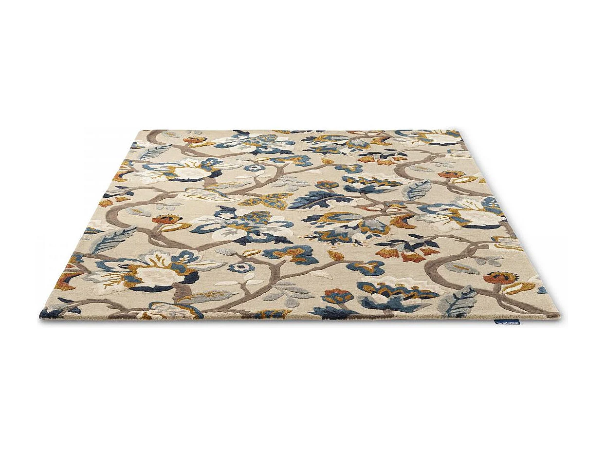 tapis chambre 170x240 fait à la main en laine beige et bleu motif floral