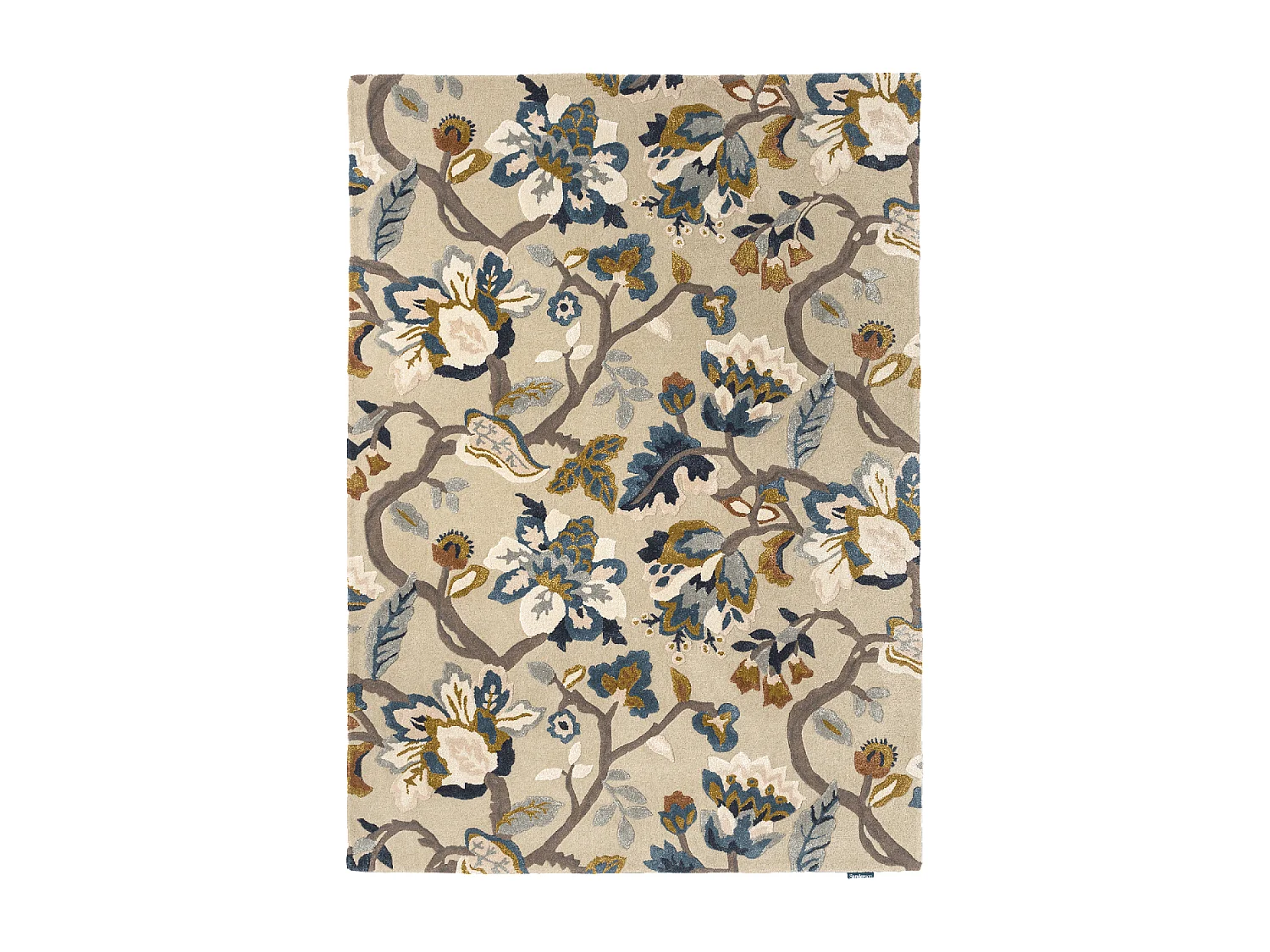 tapis chambre 170x240 fait à la main en laine beige et bleu motif floral