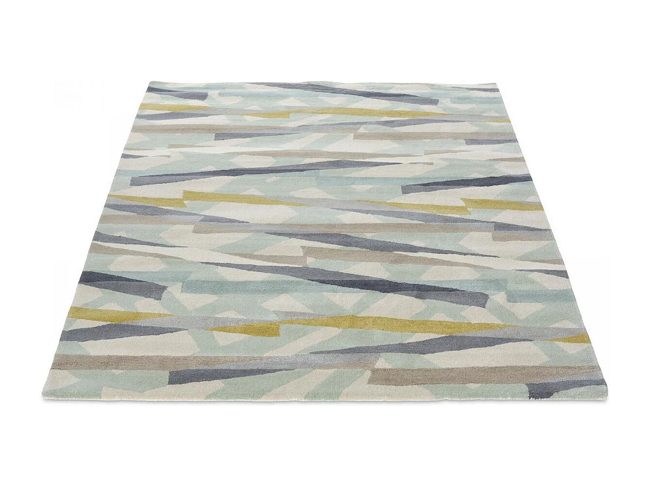 tapis chambre 170x240 fait à la main en laine gris et vert motif géométrique