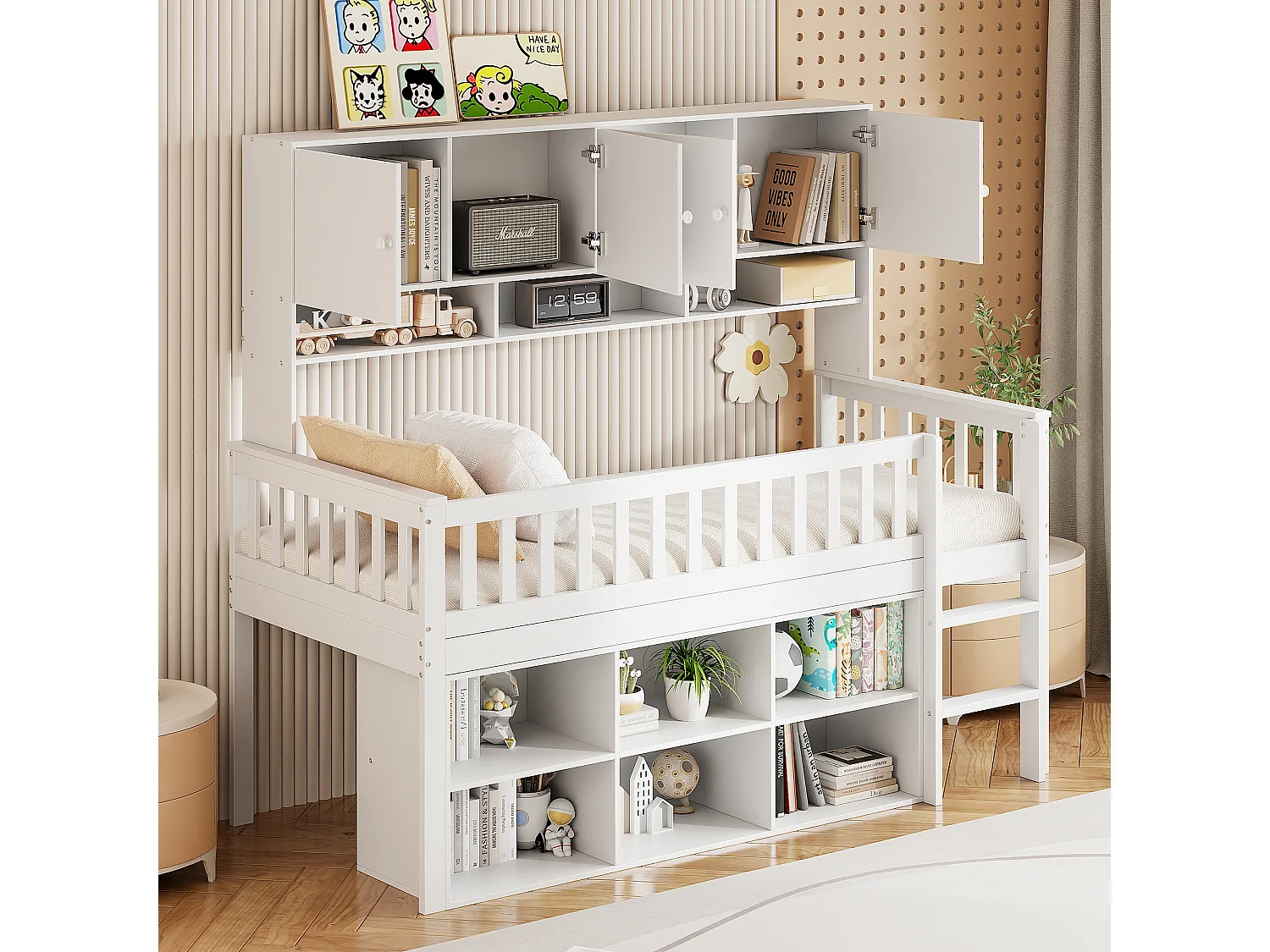 Mezzaninebed 90 x 200 cm met 2 opbergkasten en ladder - MDF hout - wit