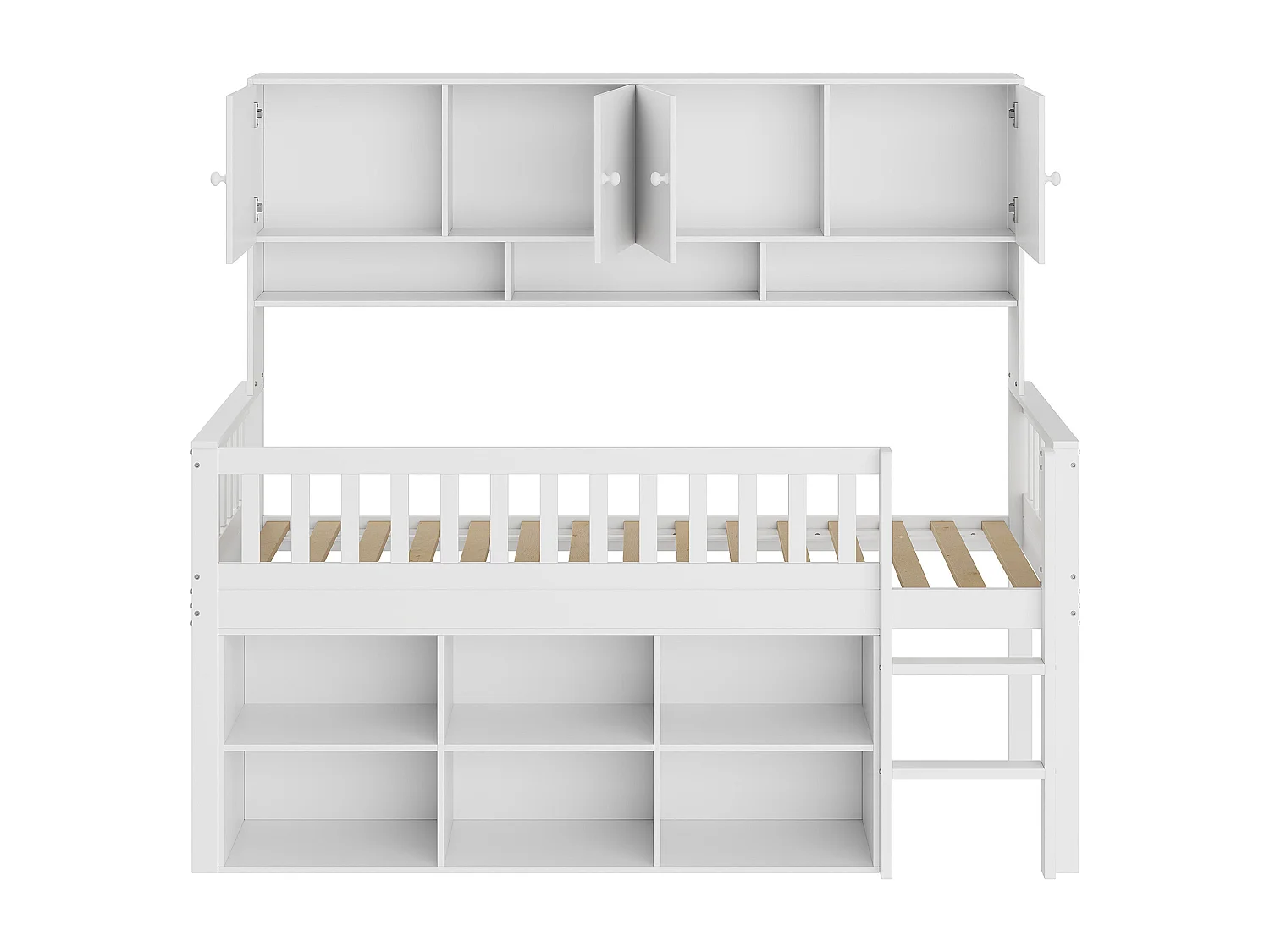 Mezzaninebed 90 x 200 cm met 2 opbergkasten en ladder - MDF hout - wit