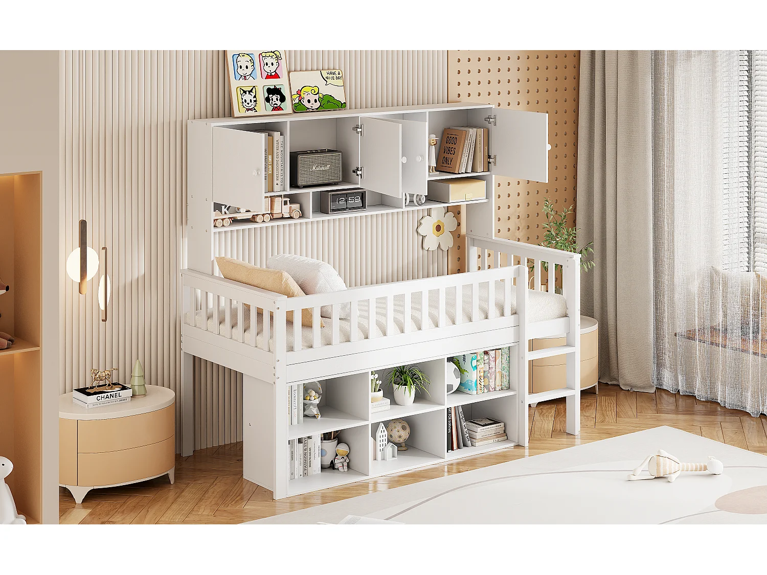 Mezzaninebed 90 x 200 cm met 2 opbergkasten en ladder - MDF hout - wit