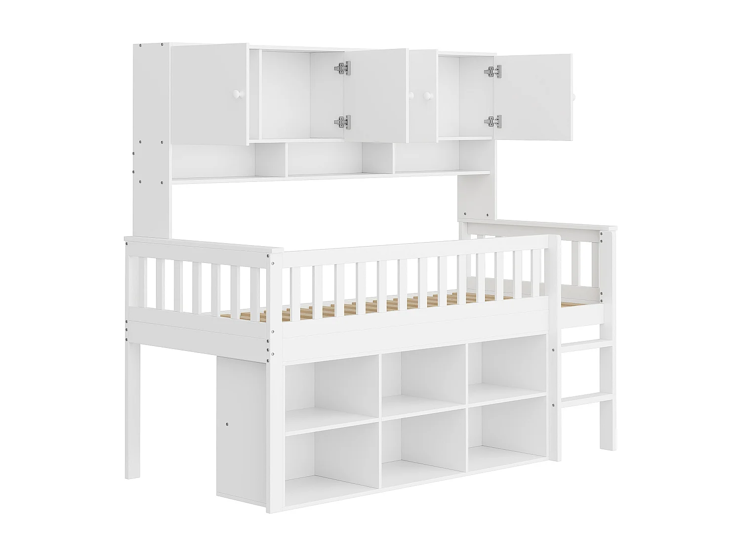 Mezzaninebed 90 x 200 cm met 2 opbergkasten en ladder - MDF hout - wit