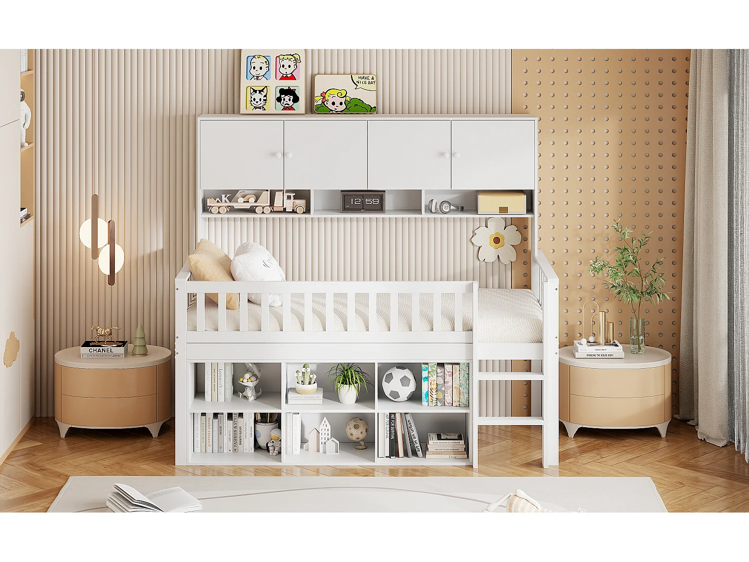 Mezzaninebed 90 x 200 cm met 2 opbergkasten en ladder - MDF hout - wit