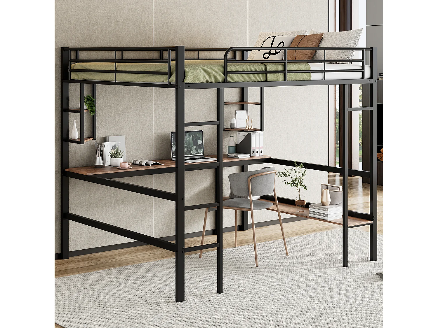 Lit mezzanine 140 x 200 cm avec bureau et étagère de rangement - métal et bois MDF - noir