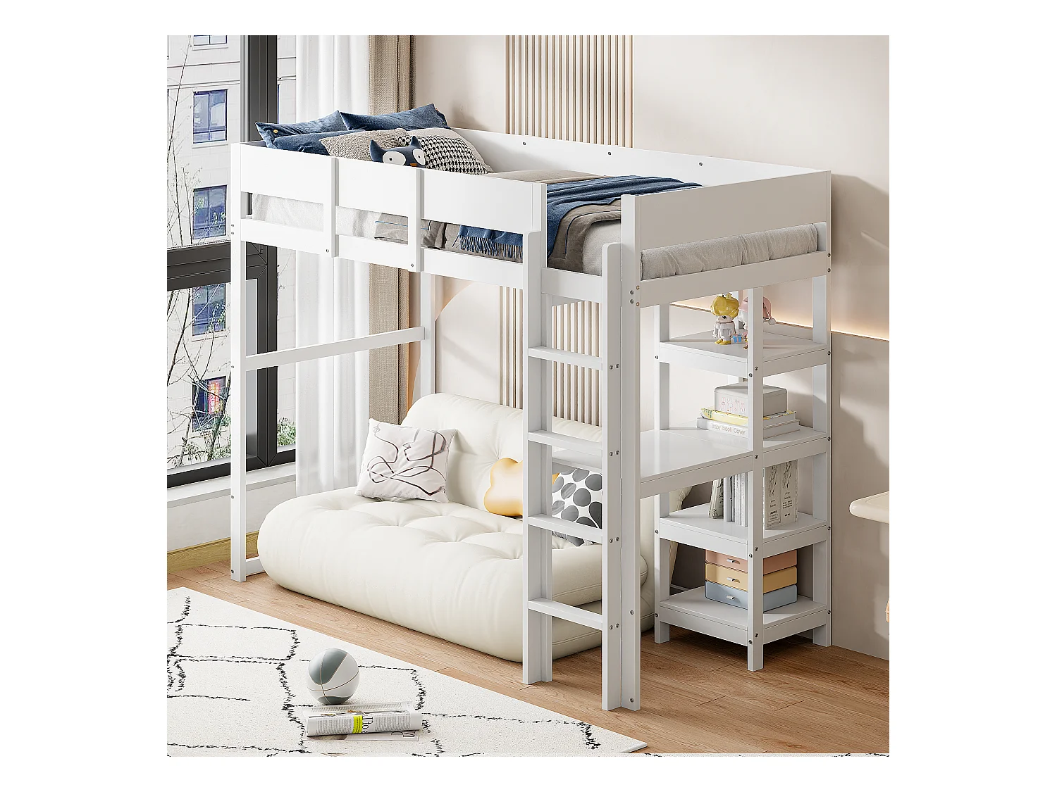 Lit mezzanine 90 x 200 cm avec étagère de rangement pour enfant - bois de pin et MDF - blanc