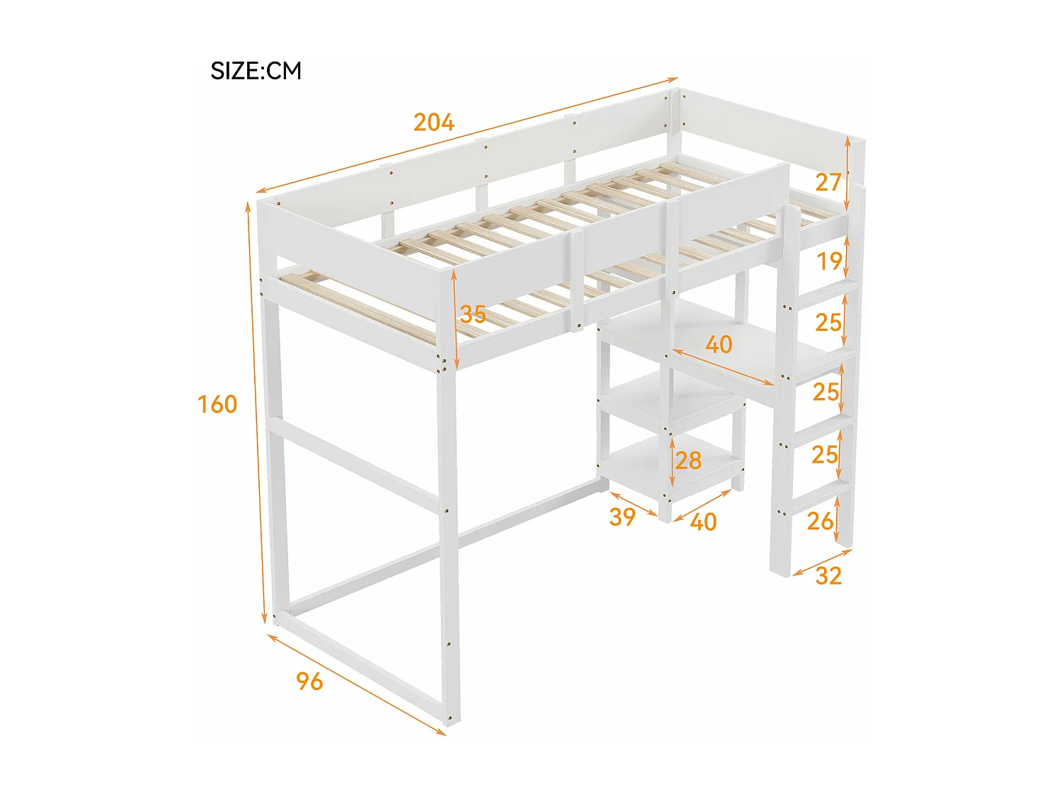 Cama alta 90 x 200 cm com prateleira para crianças - madeira de pinho e MDF - branca