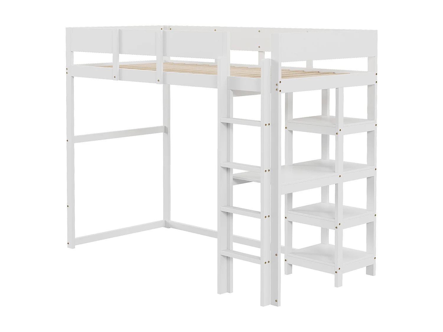 Cama alta 90 x 200 cm com prateleira para crianças - madeira de pinho e MDF - branca