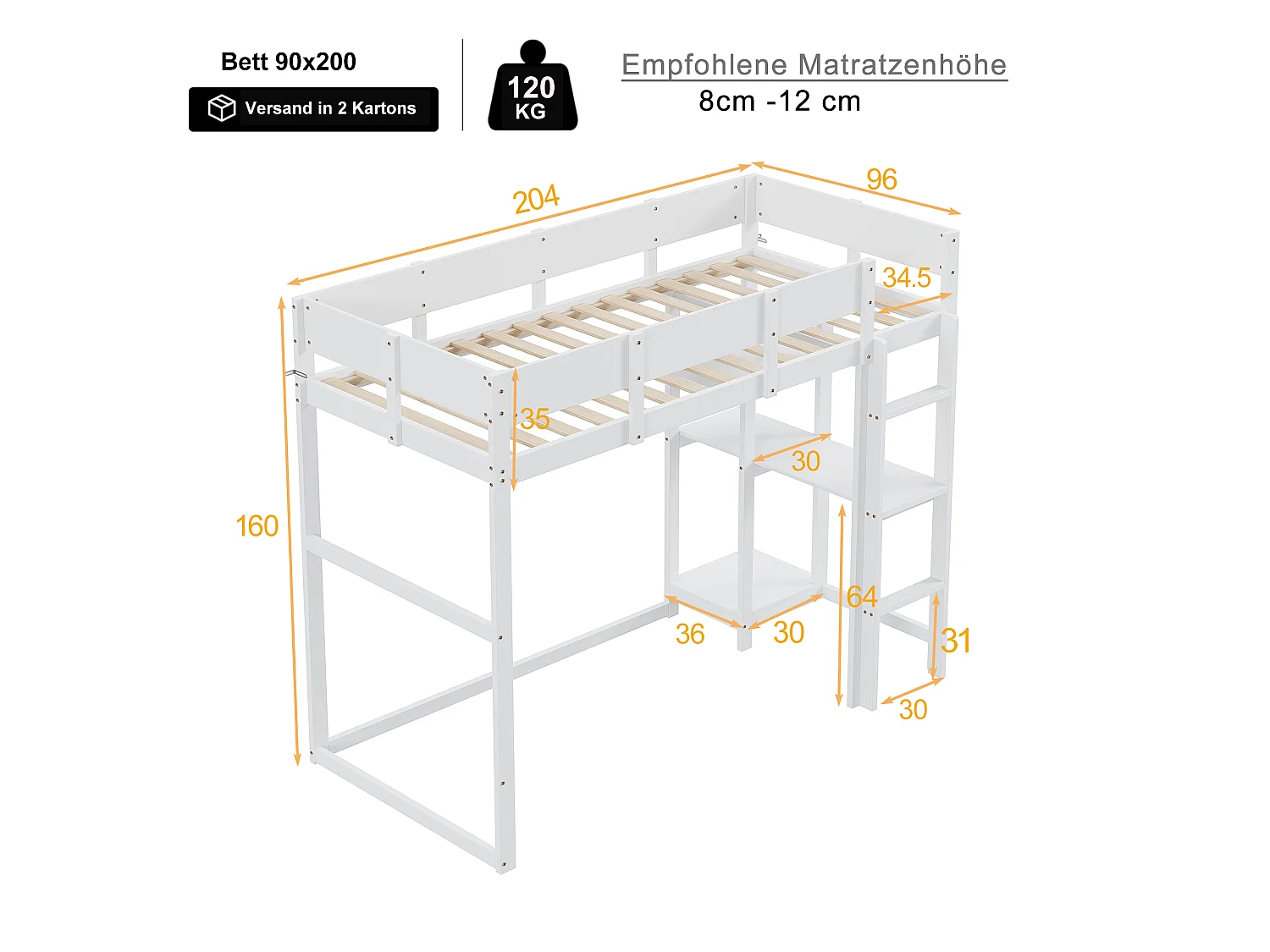 Hoogslaper 90 x 200 cm met opbergplank voor kinderen - grenenhout en MDF - wit