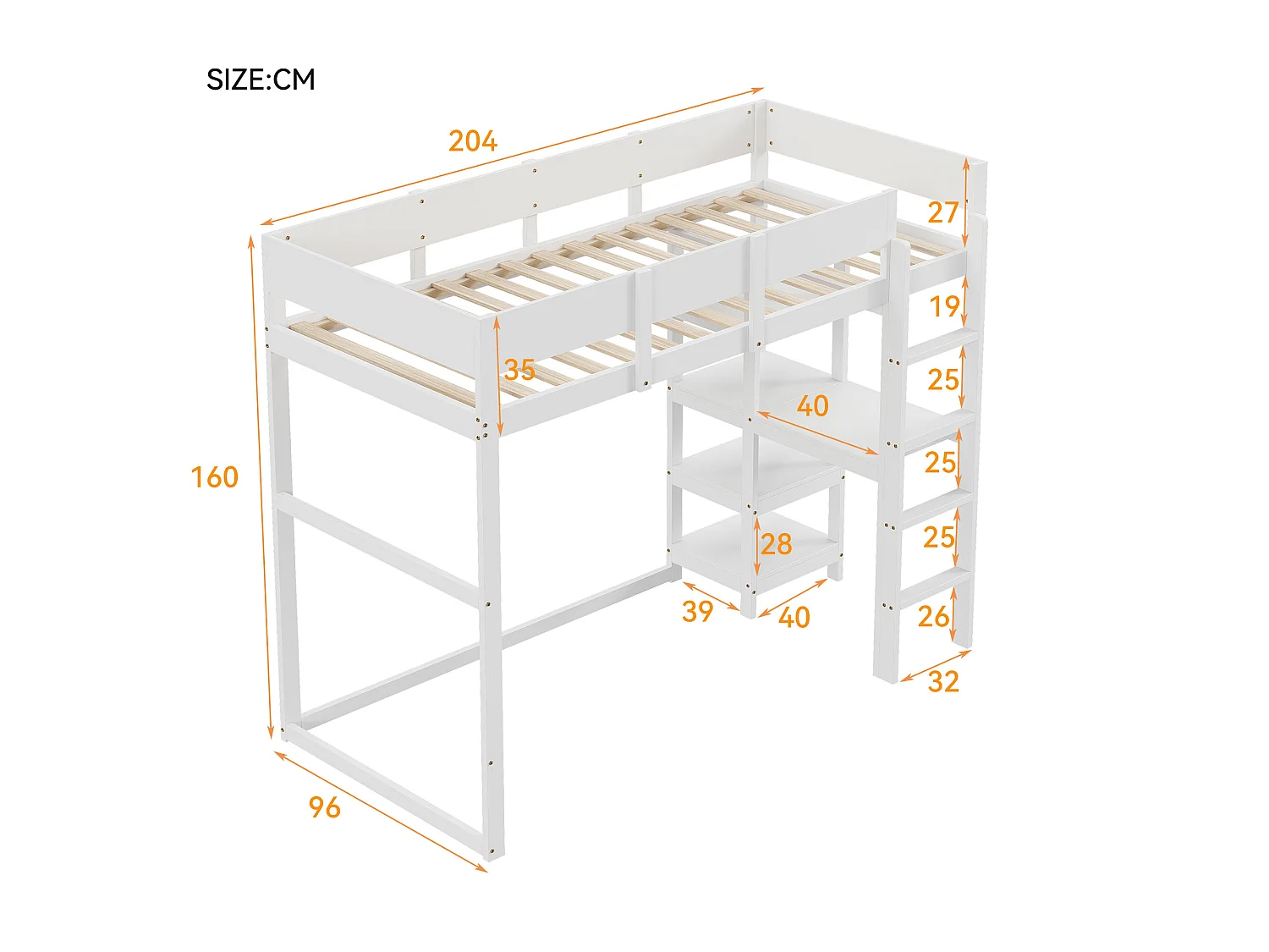 Hoogslaper 90 x 200 cm met opbergplank voor kinderen - grenenhout en MDF - wit
