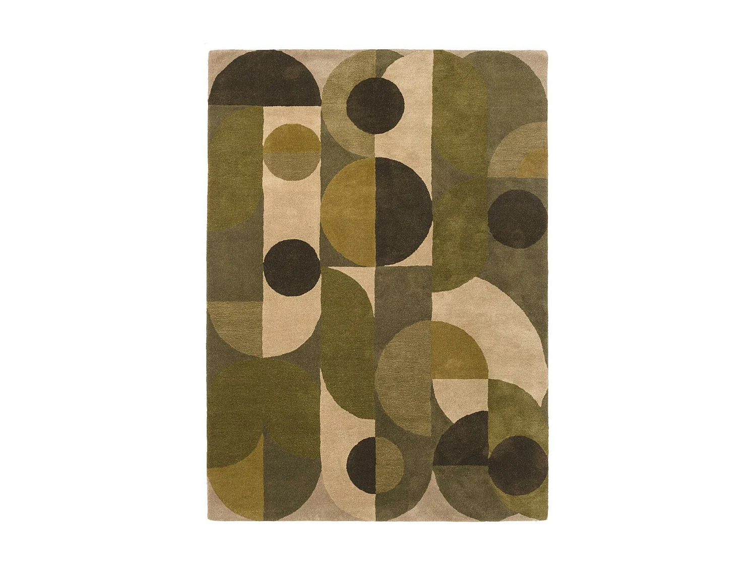 tapis chambre 140x200 fait à la main en laine vert et beige motif seventies