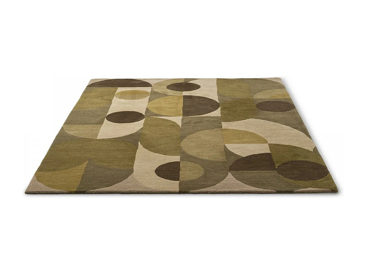 tapis chambre 140x200 fait à la main en laine vert et beige motif seventies