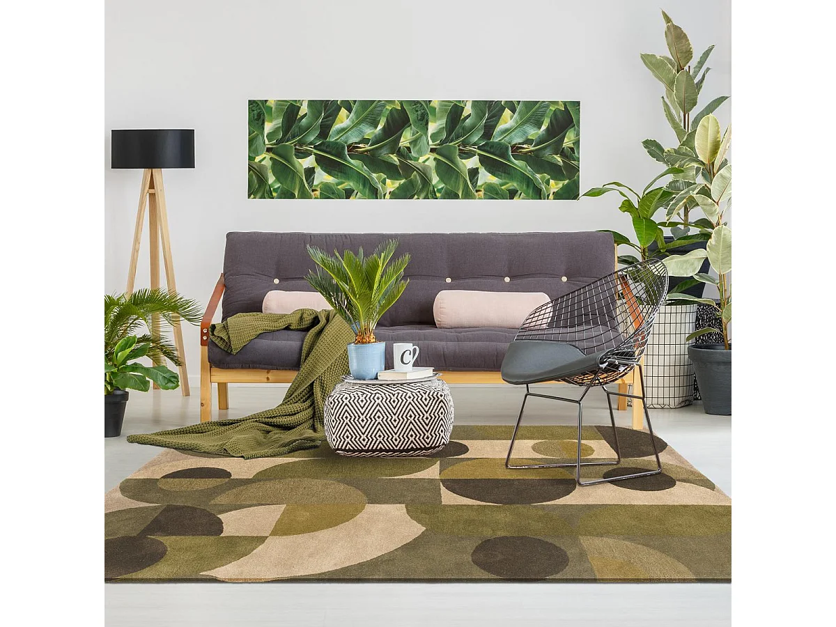 tapis chambre 140x200 fait à la main en laine vert et beige motif seventies