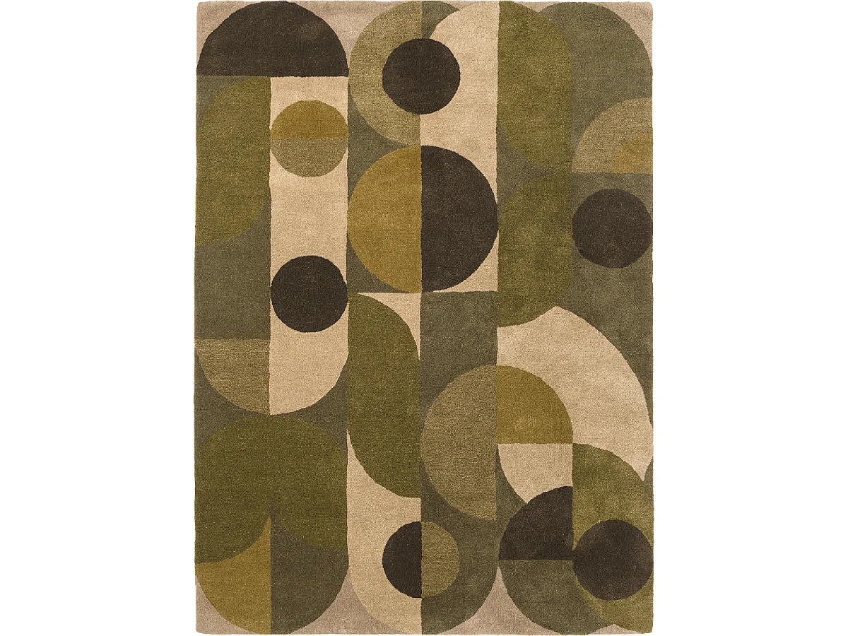 tapis chambre 140x200 fait à la main en laine vert et beige motif seventies