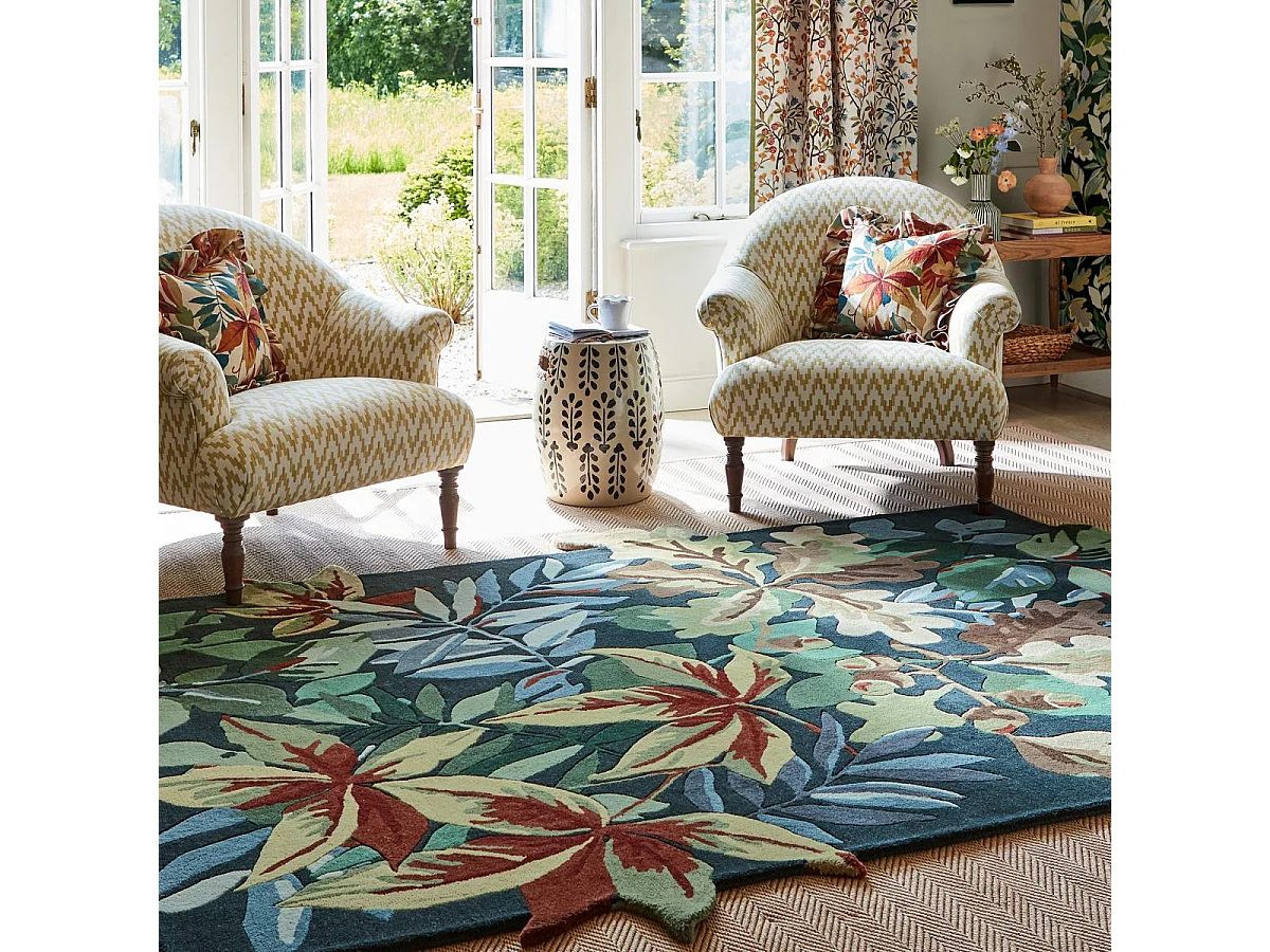 tapis chambre 200x280 fait main en laine vert et bleu rectangle motif floral