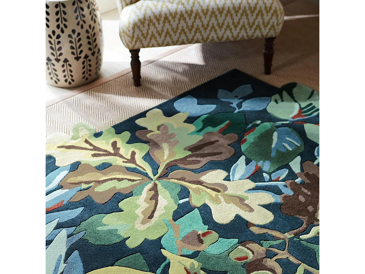 tapis chambre 200x280 fait main en laine vert et bleu rectangle motif floral