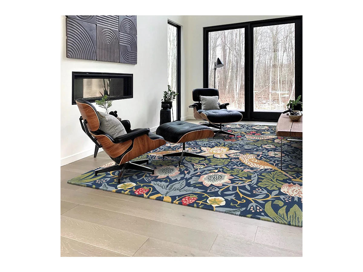 tapis salle à manger 250x350 fait à la main en laine indigo motif floral