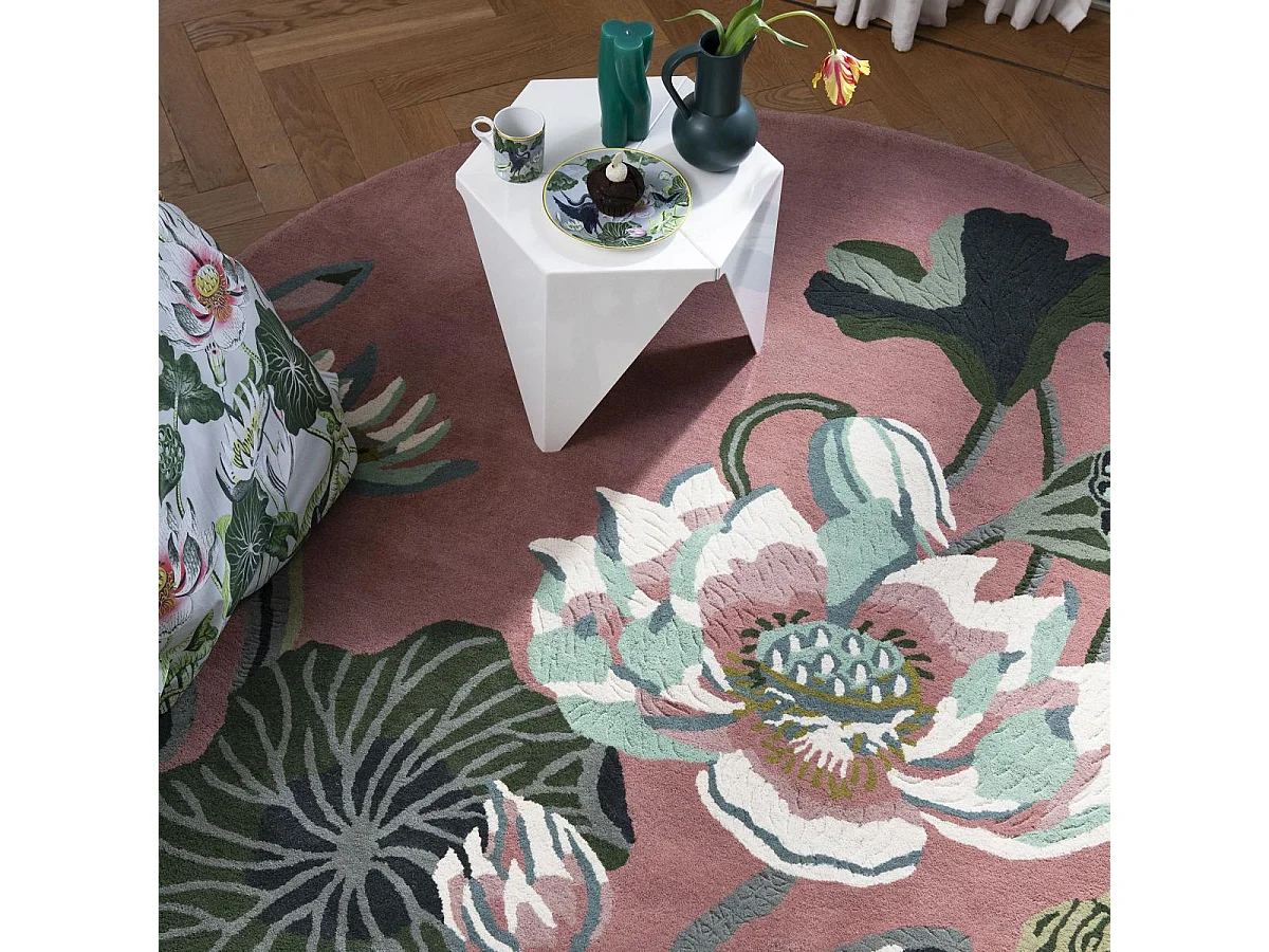 Tapis rond Ø150cm fait à la main en laine motif floral pour salle de jeux
