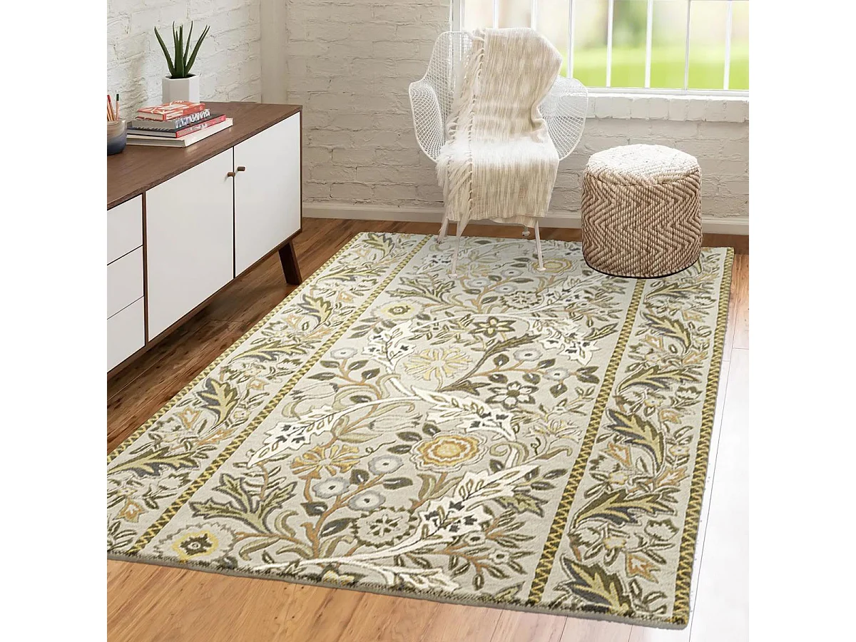 tapis chambre 170x240 fait à la main en laine beige et jaune moutarde