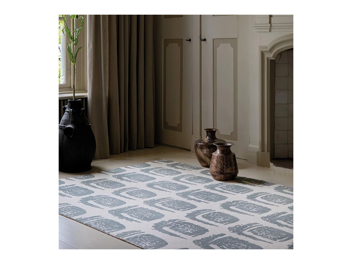 tapis entrée 140x200 fait à la main en coton gris et crème motif abstrait