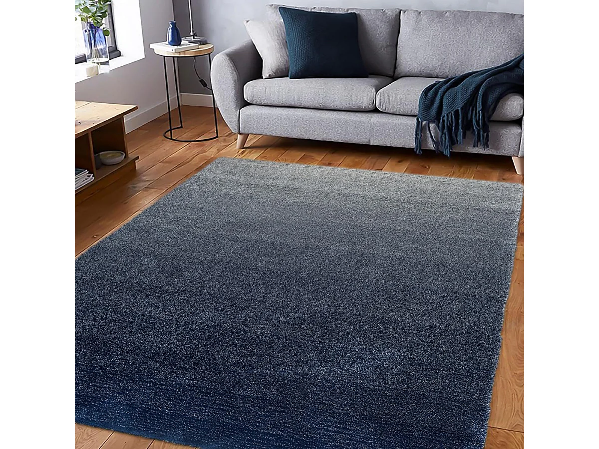 tapis salle à manger 200x300 tufté en laine bleu et gris motif faux uni