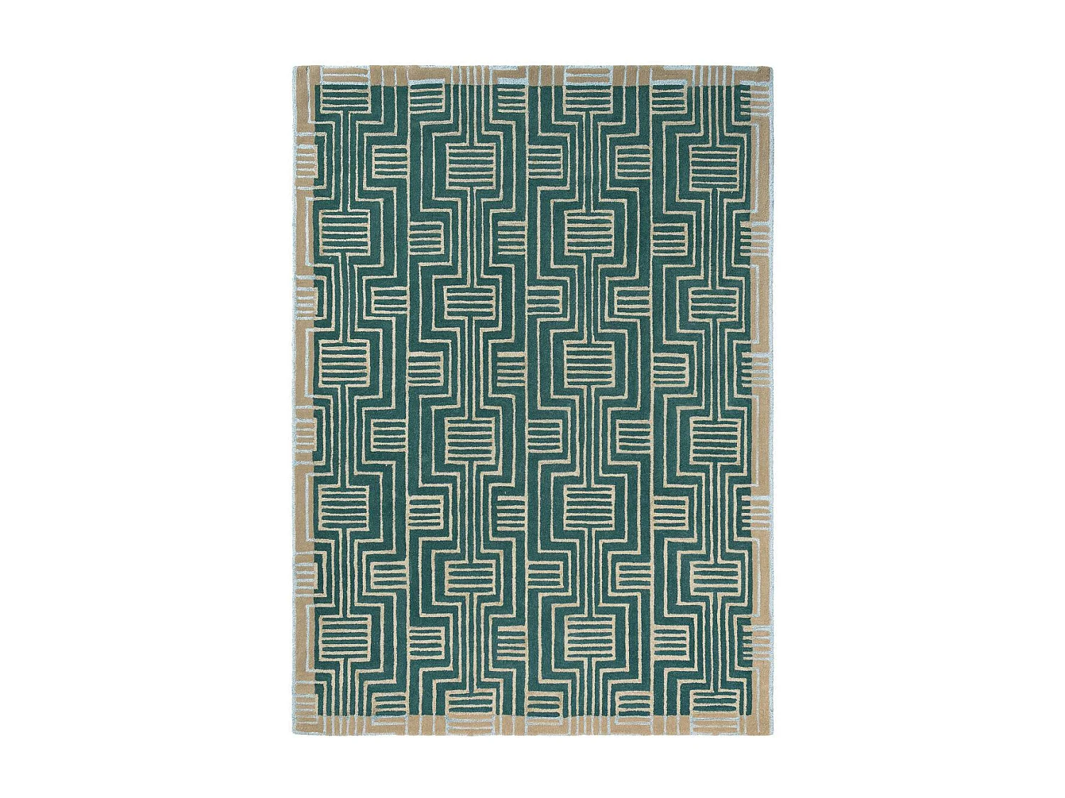 tapis chambre 170x240 fait à la main en laine vert et beige motif géométrique