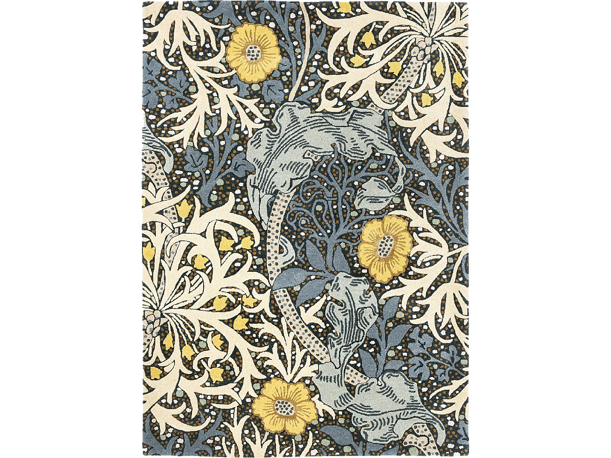 tapis chambre 170x240 fait à la main en laine bleu et jaune motif floral