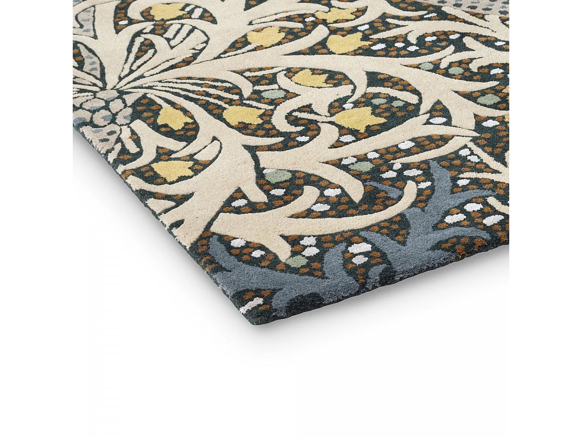 tapis chambre 170x240 fait à la main en laine bleu et jaune motif floral