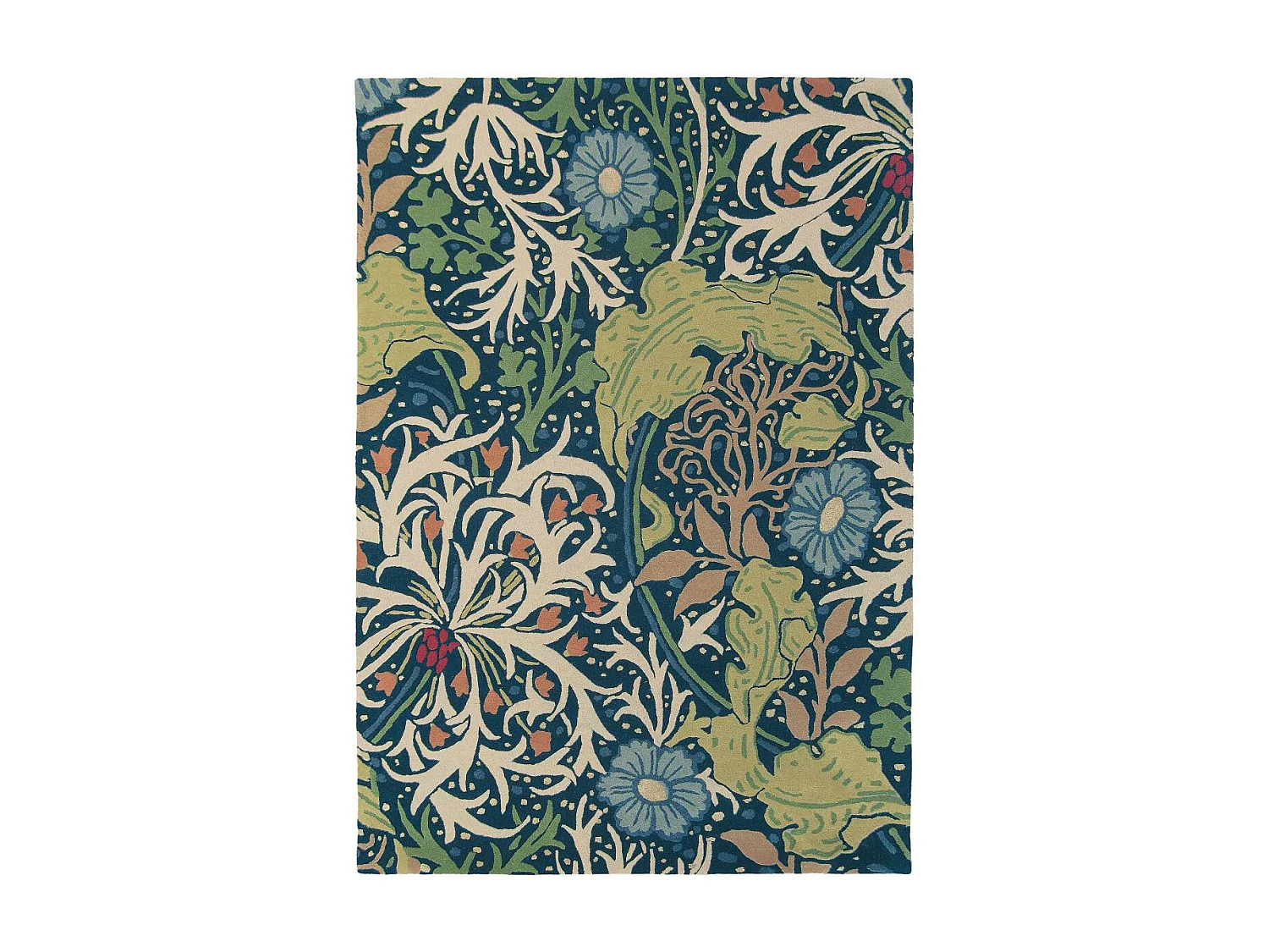 tapis chambre 170x240 fait à la main en laine bleu marine et vert motif floral
